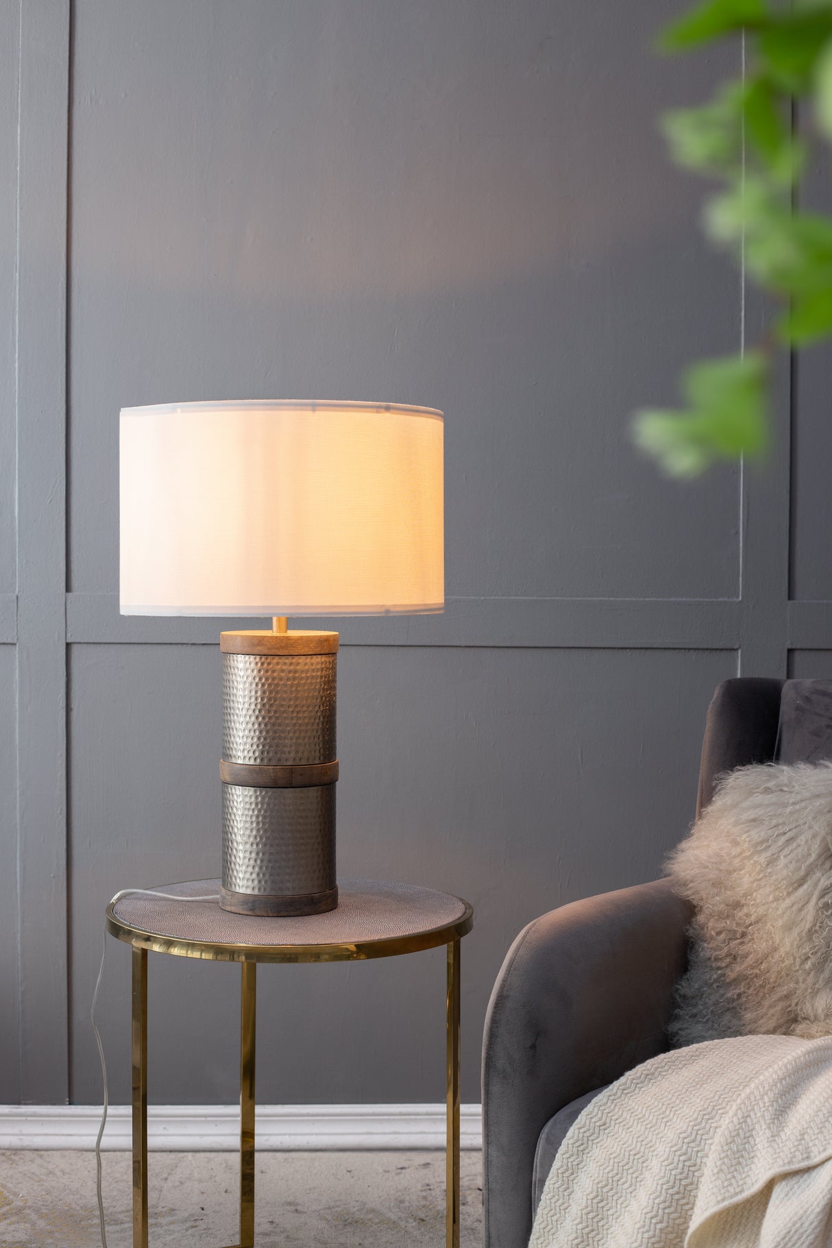 D16x24.4" Hammered Iron Table Lamp with Mango Wood