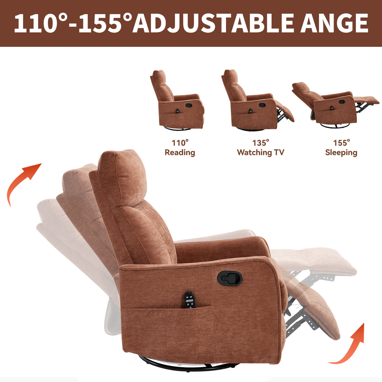 Orange Heat Massage Manual Recliner Chair with Rocker and Swivel
