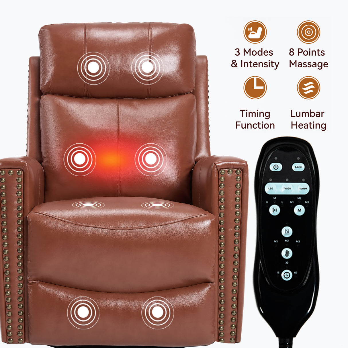 Red Genuine Leather Heat Massage Manual Recliner Chair
