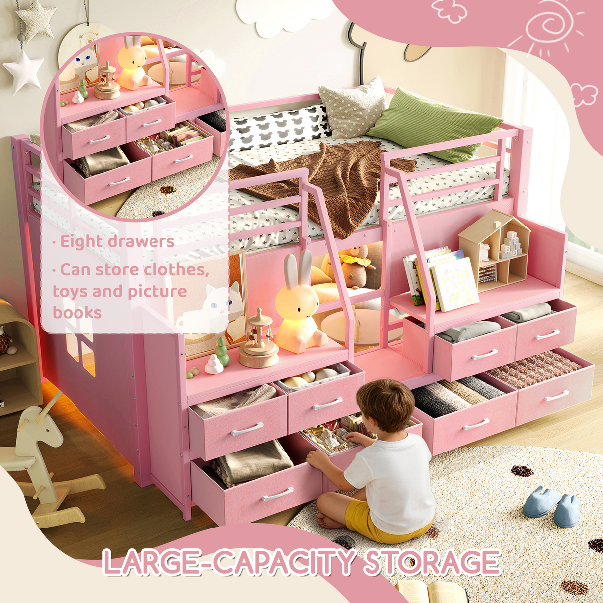 Twin Low Loft Bed with Multi-Storage Spaces