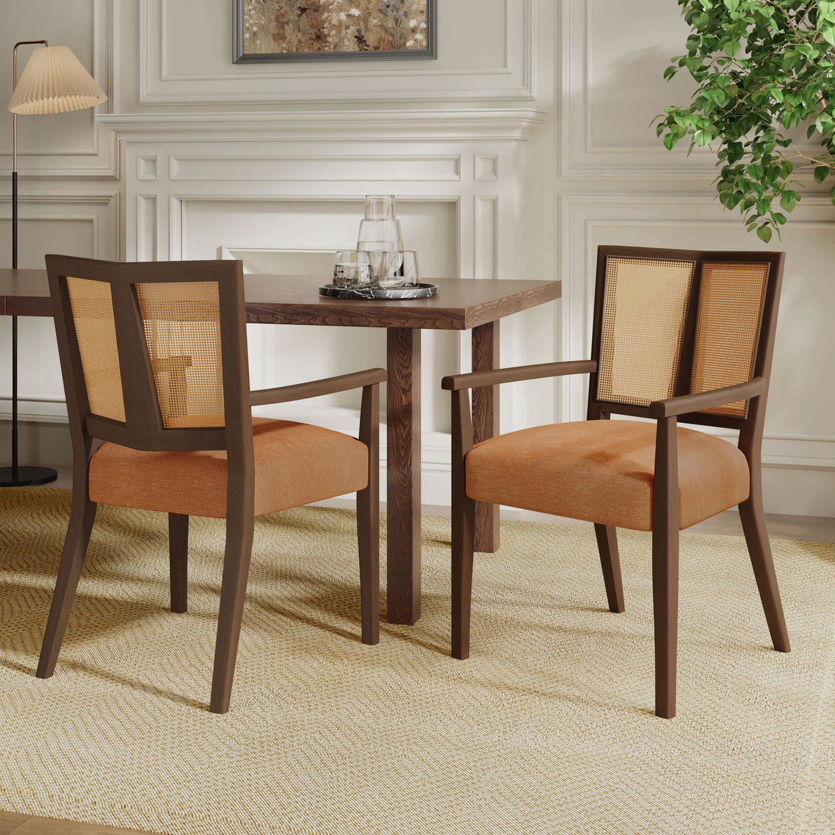 Mid Century Modern Arm Dining Chair Set With Rattan Backrest - Best Buy Furniture