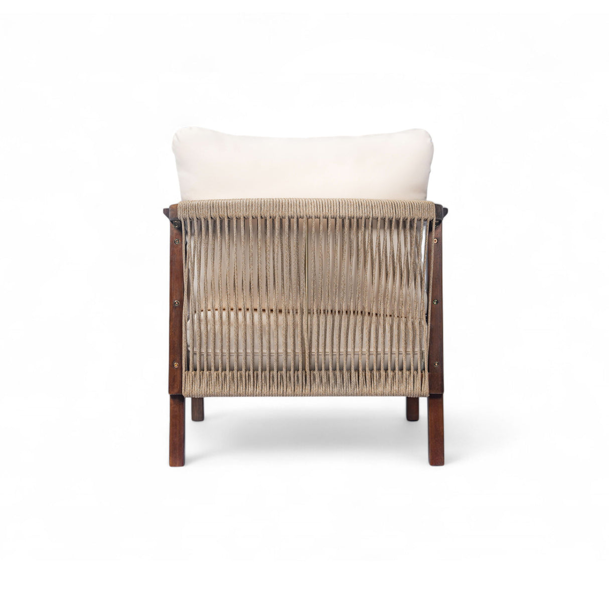 Outdoor Lounge Chair With Woven Backrest, Solid Wood Frame, Comfortable Cushions