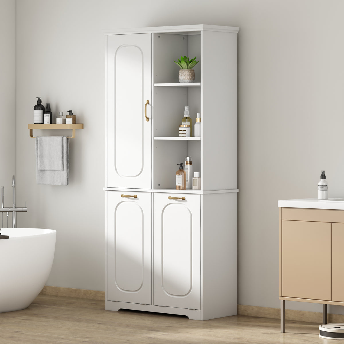 Freestanding Tall Storage Cabinet with 2 Tilt-Out Hampers