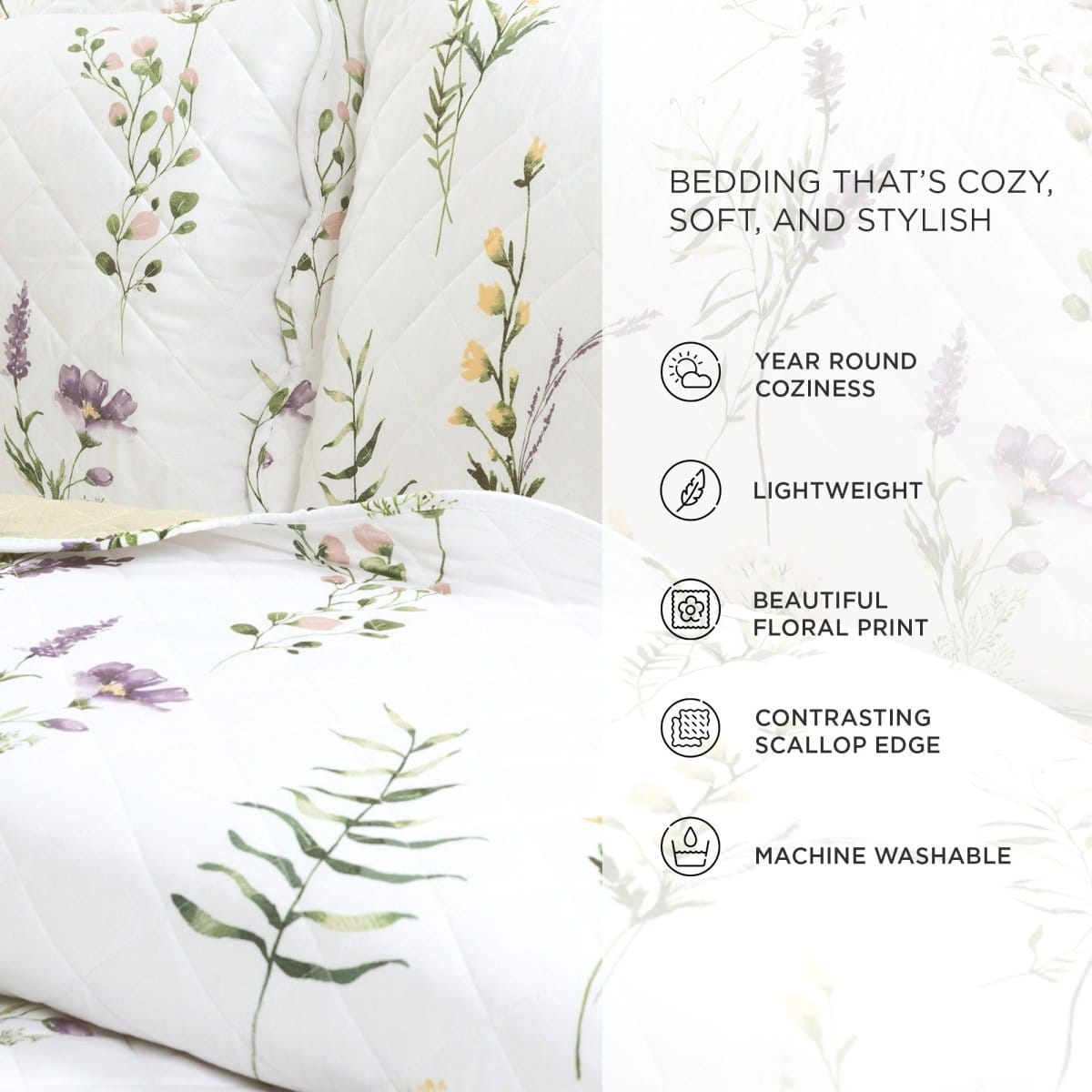 LushDecor Watercolor Wildflower Scallop Edge Floral 3 Piece Quilt Set - view 6