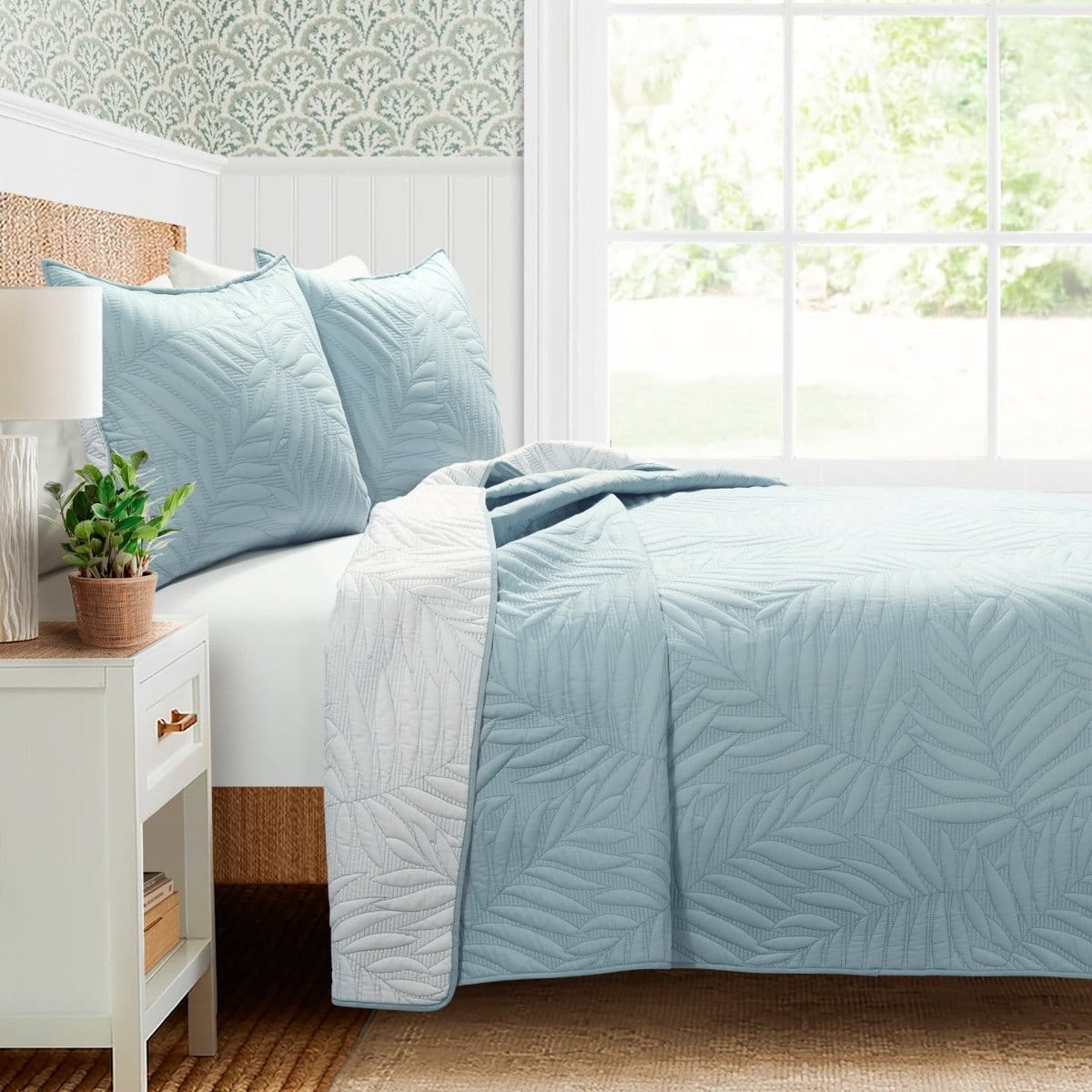 LushDecor Isla Embroidered Leaf Reversible Cotton Quilt 3 Piece Set in Blue/White - view 2