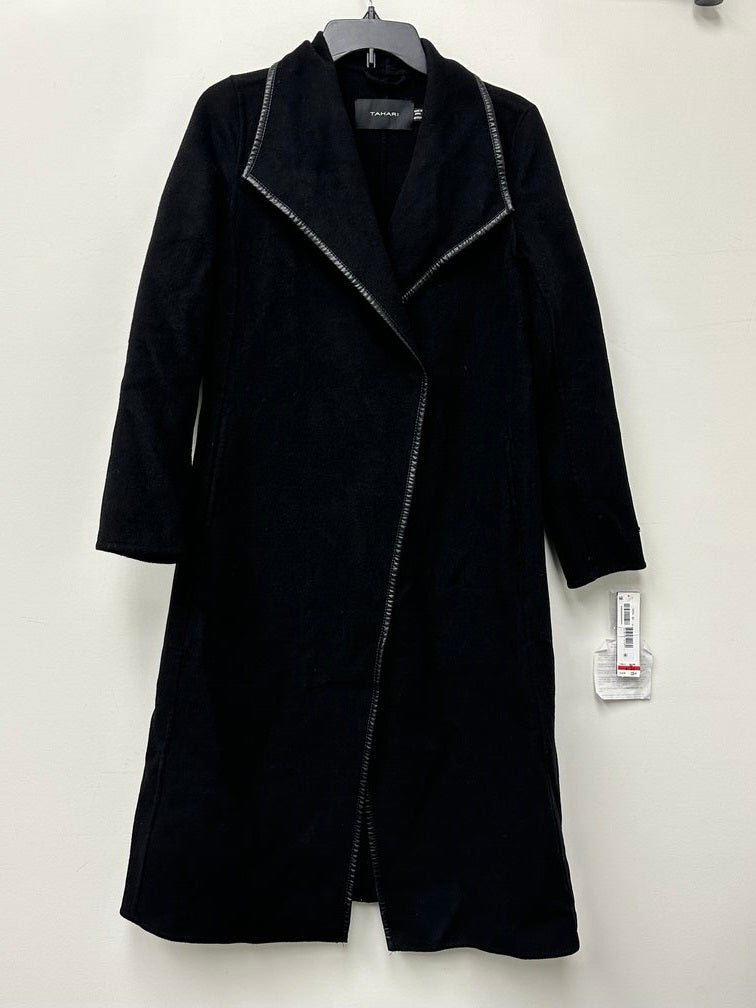 Tahari Women's Faux-Leather-Trim Belted Wrap Coat Black Size XS