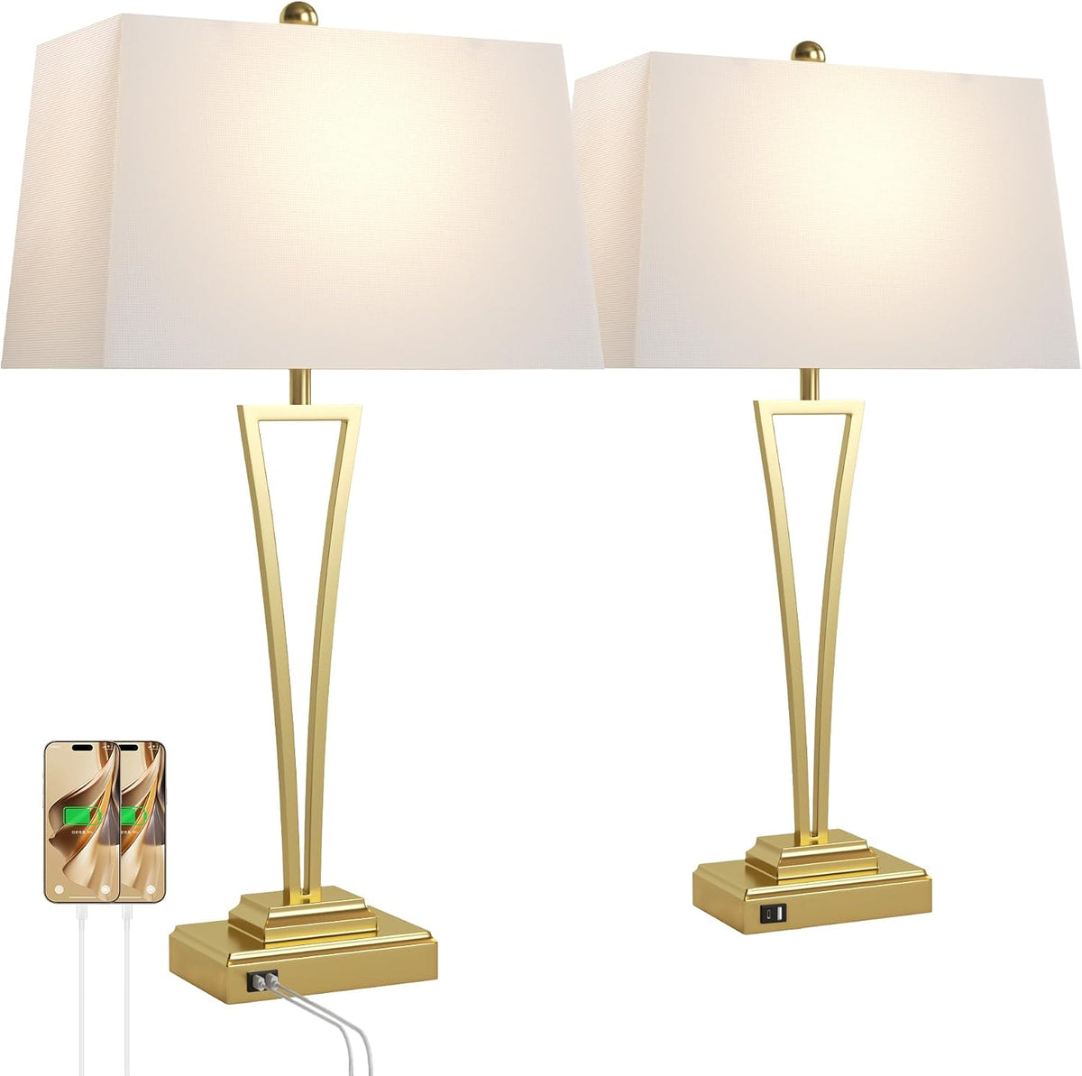 Gold Table Lamps Set of 2, 30.5-Inch Tall with USB Charging Ports