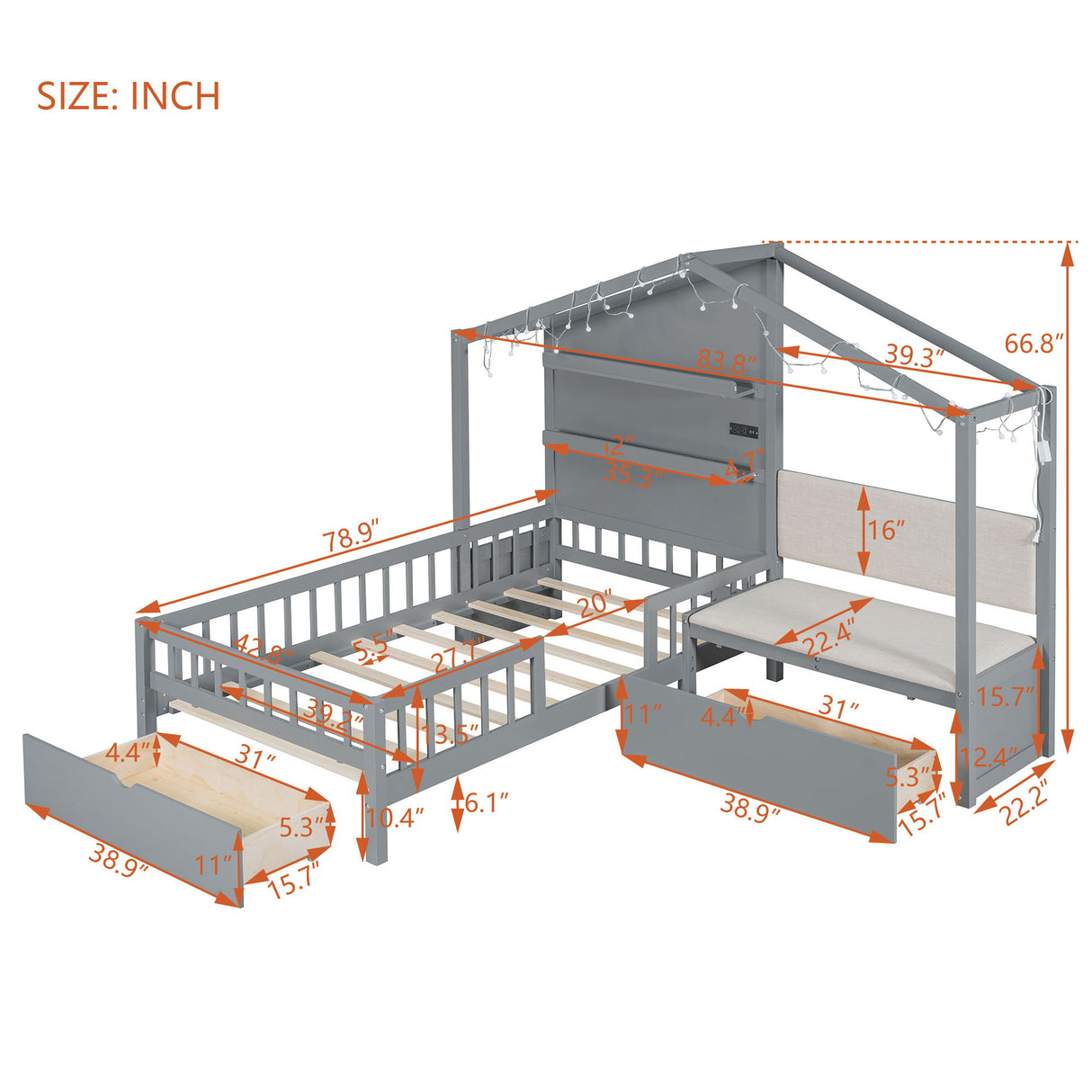 House Bed With Upholstered Sofa, Wireless Charging Station, Shelves And 2 Drawers