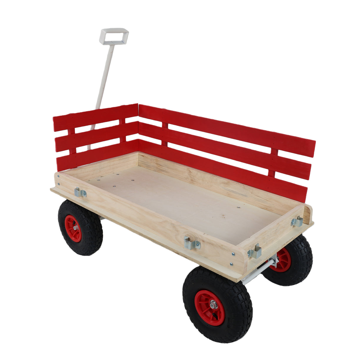 Red Wooden Wagon Cart with Folding Handle
