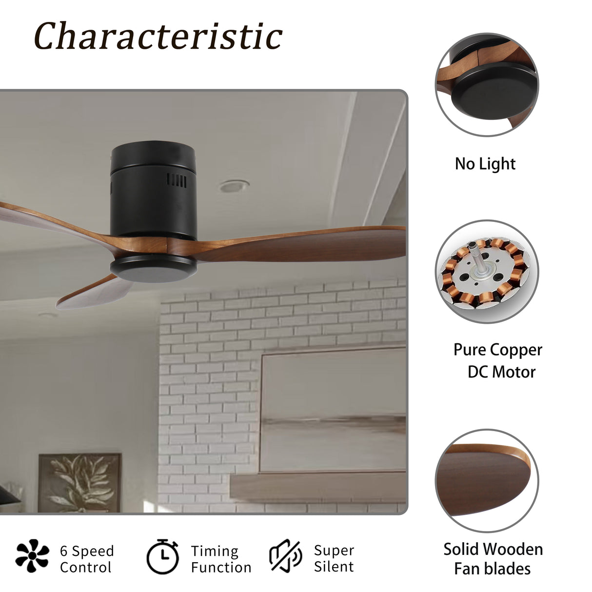 42-Inch Flush Mount Ceiling Fan Without Light