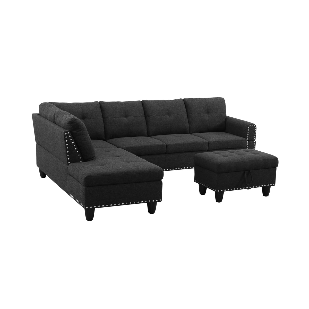 Reversible L-Shaped Sectional Couch with Storage Ottoman, Tufted