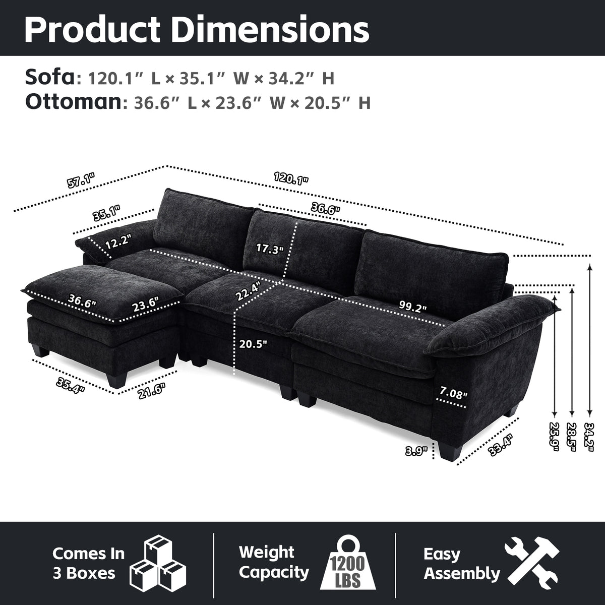 Luxury Couch with Ottoman in Soft Chenille