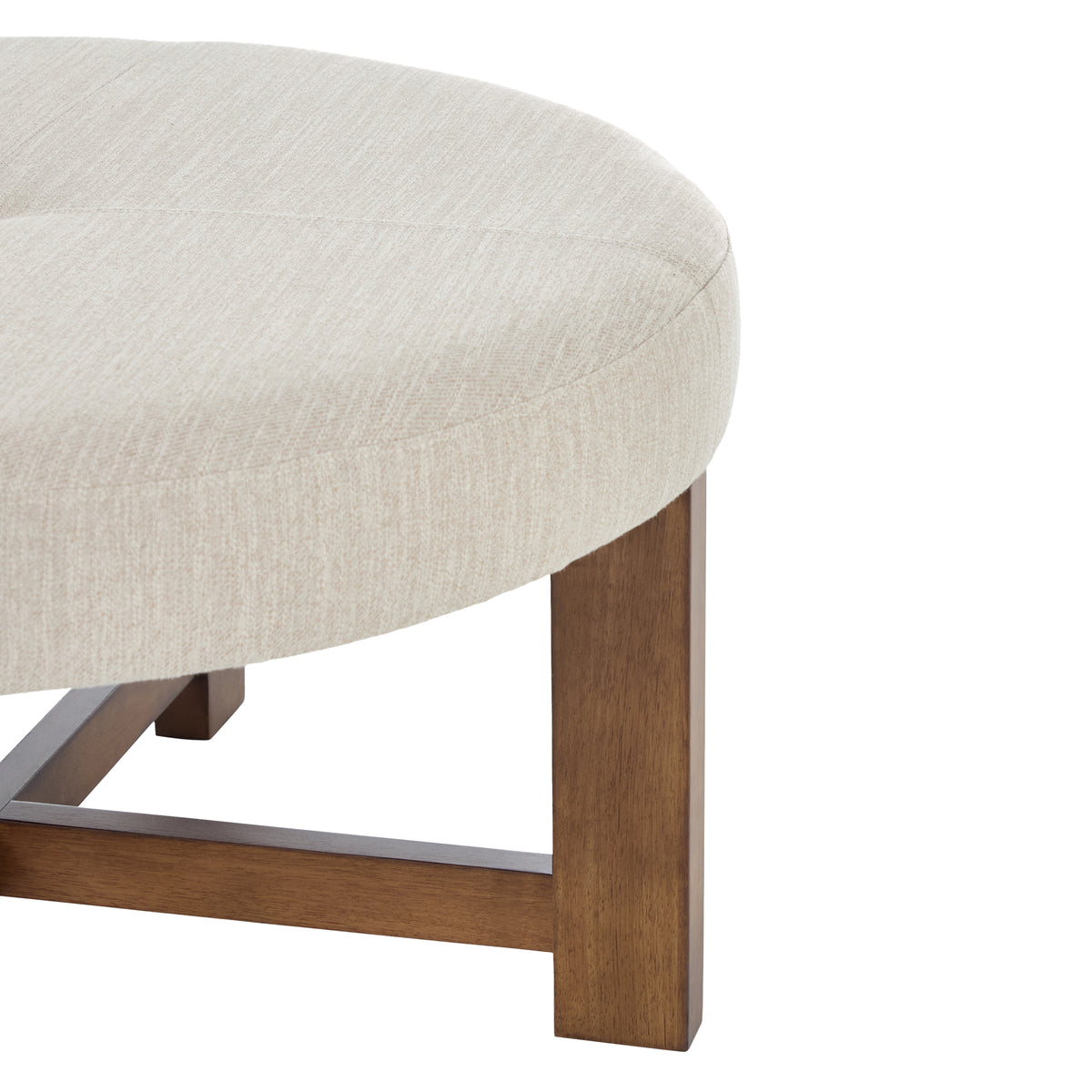 Beige Fabric Round Ottoman with Solid Wood Cross Base