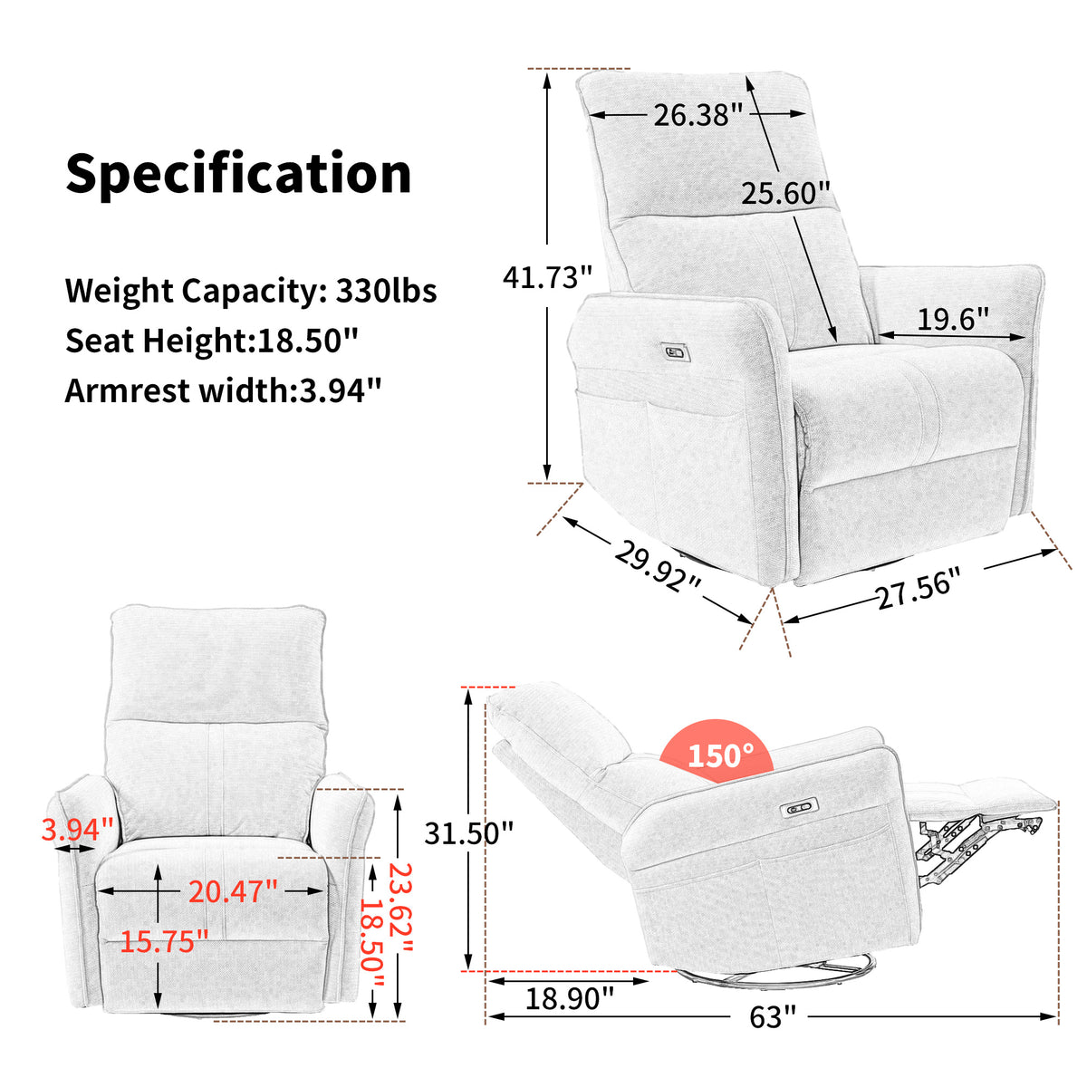 270° Power Swivel Rocker Recliner Chair for Adults