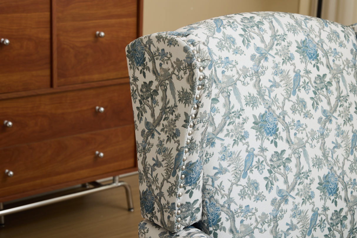 Modern Accent Chair with Retro Wood Legs and Floral Design