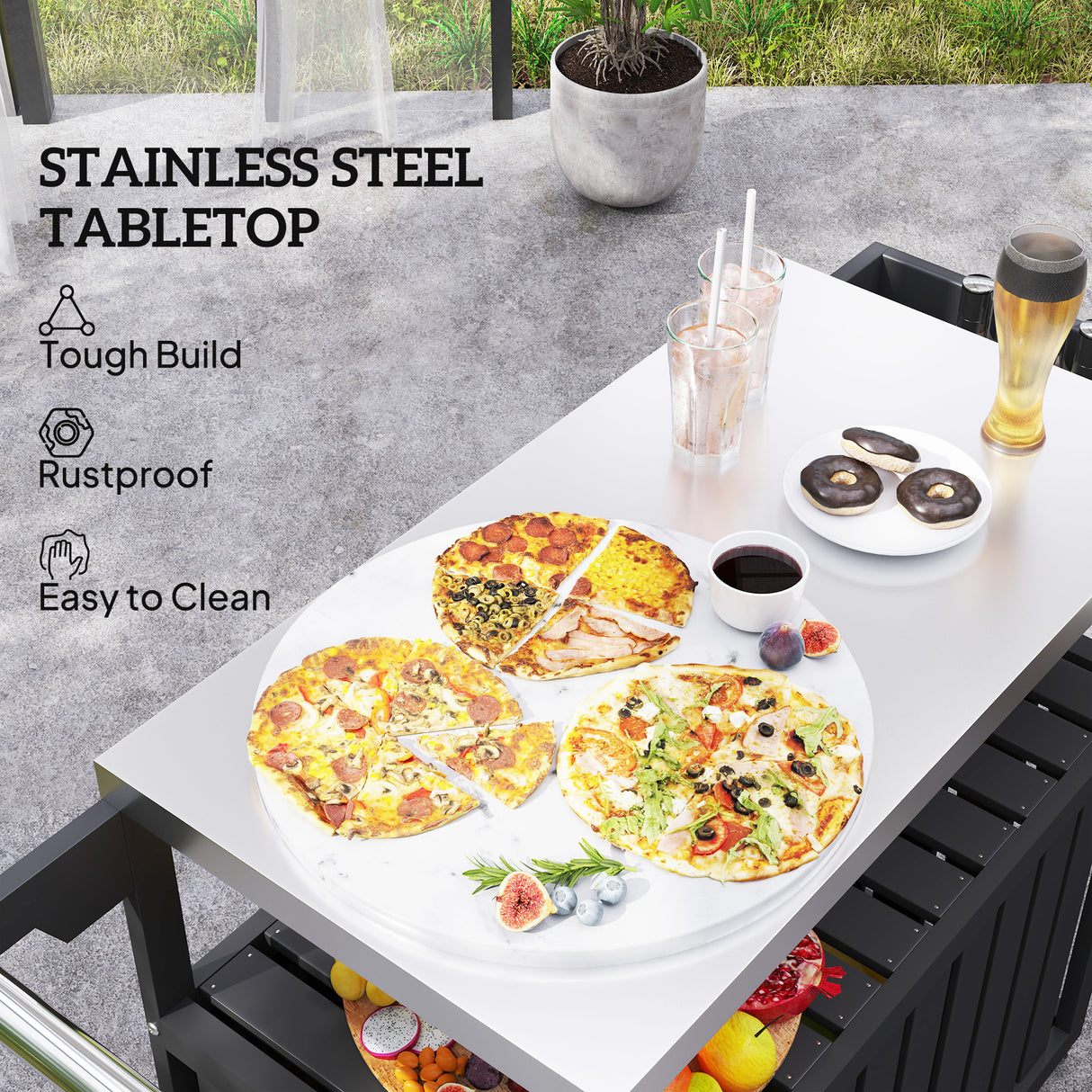 Outdoor Bar Cart with Storage and Stainless Steel Top