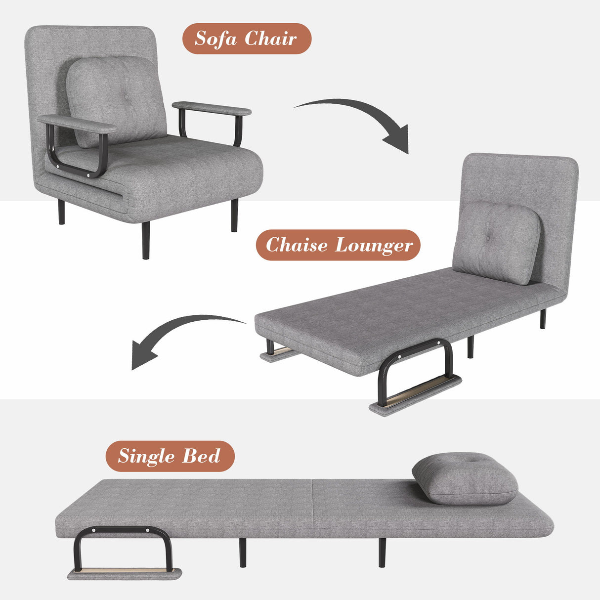 3 In 1 Convertible Folding Sofa Bed With Adjustable Backrest And Pillow