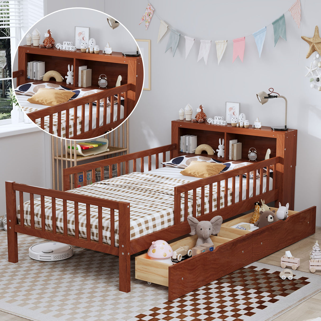 Bed With Headboard Storage Rack, 2 Under Bed Drawers, 3 Side Guardrails For Safety