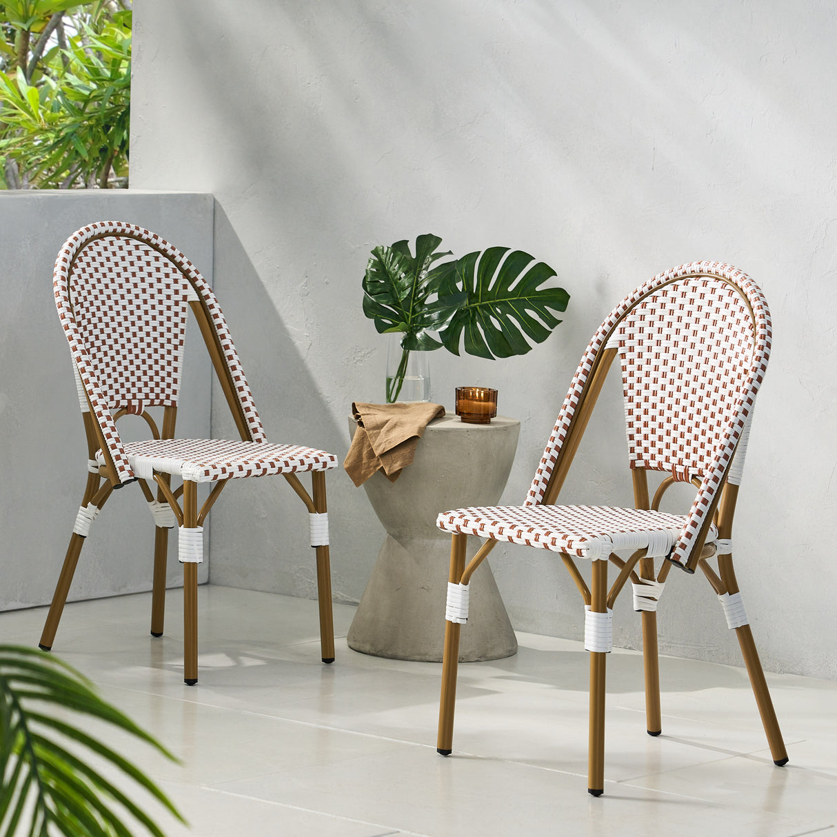Outdoor PE Rattan and Aluminum French Bistro Chairs, Set of 2, Rusted