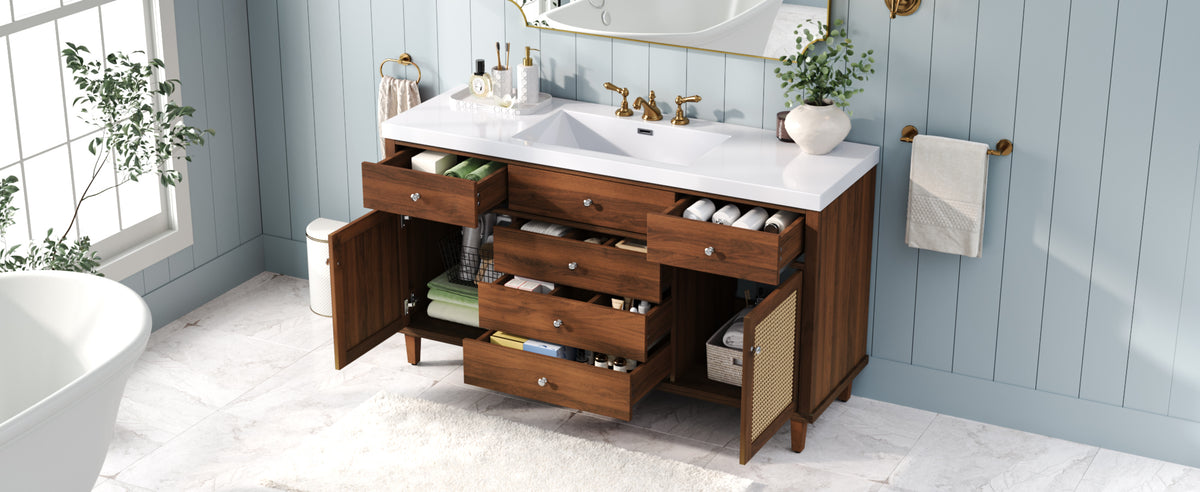 60-Inch Bathroom Vanity with SMC Sink, Brown Solid Wood and MDF, Soft-Close Drawers