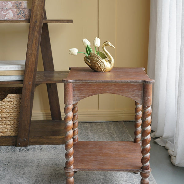 15.5x15.5x23.5' Distressed Brown Wood Side Table with Turned Spiral Legs and Lower Shelf