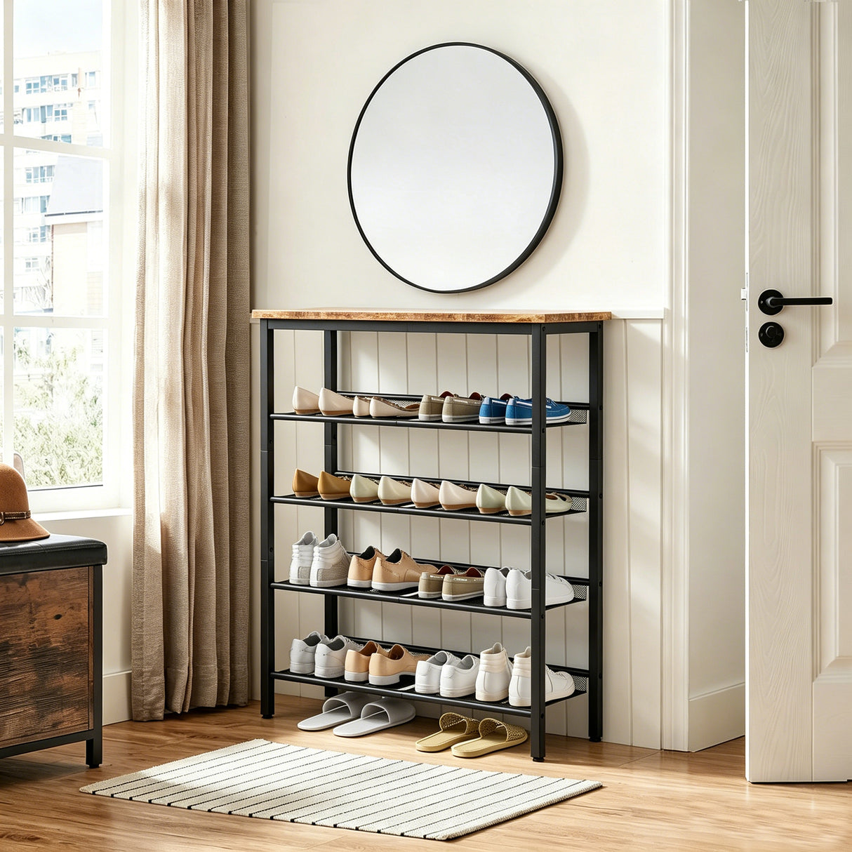 Industrial Shoe Rack with 4 Mesh Shelves