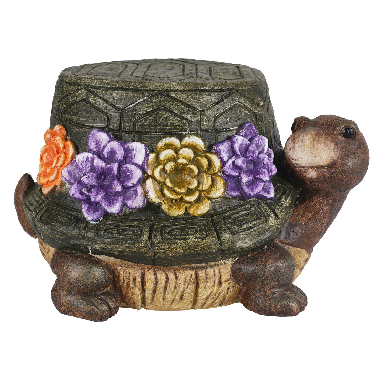 Turtle Garden Statue Outdoor Stool with Floral Detail - Multi-Color