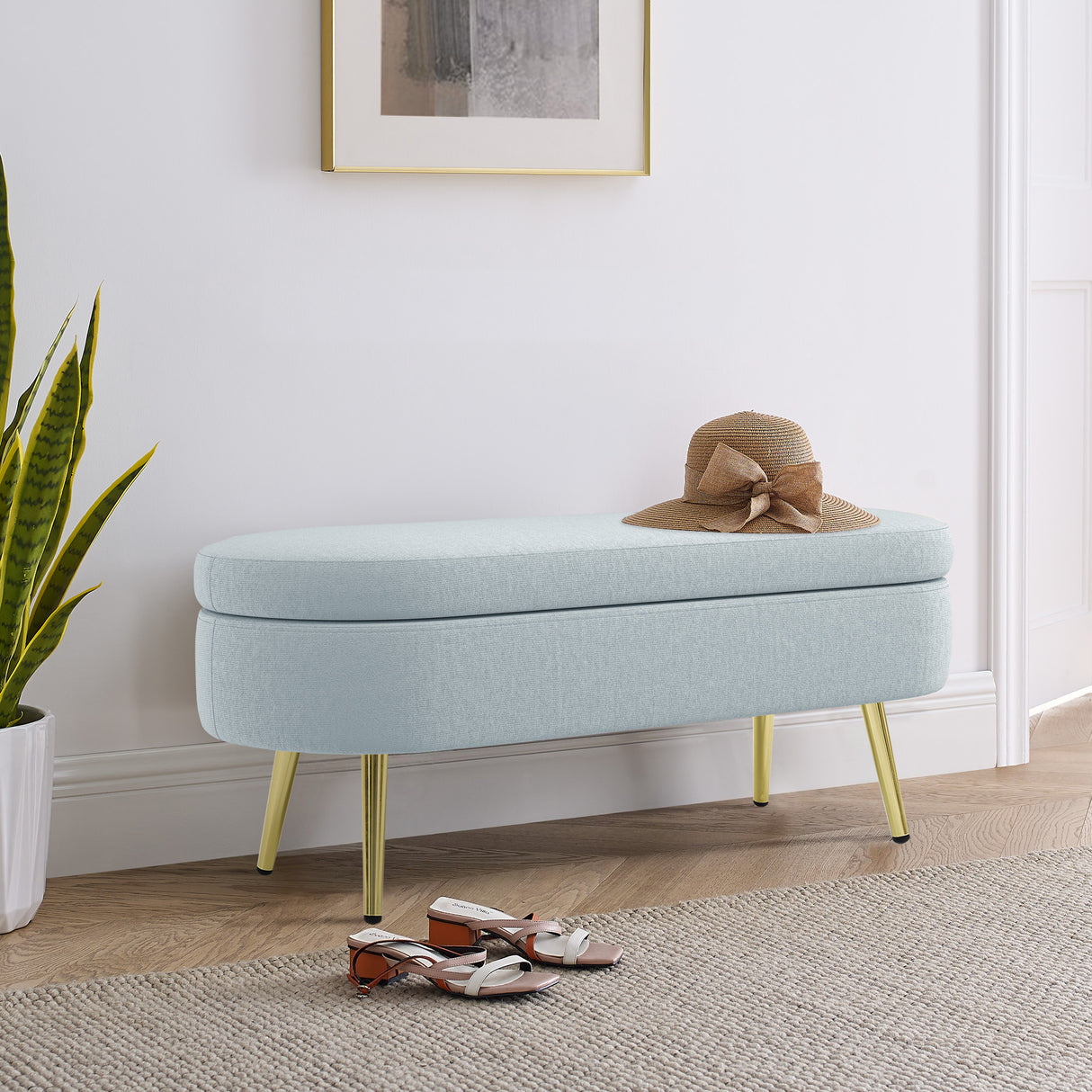 Ottoman Oval Storage Bench, Flannel with Metal Legs-Cyan