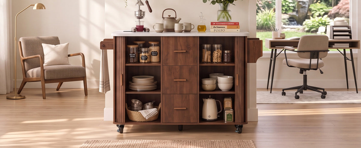 K&K 53.5" Kitchen Island with Sliding Doors, Drop Leaf, Power Outlet, Walnut Brown