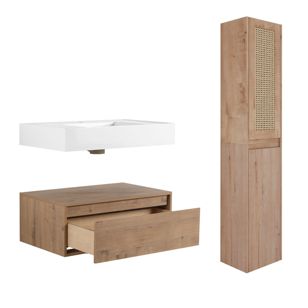 Contemporary Wall Mounted Bathroom Vanity With Resin Sink And 2 Side Cabinet - Imitative Oak