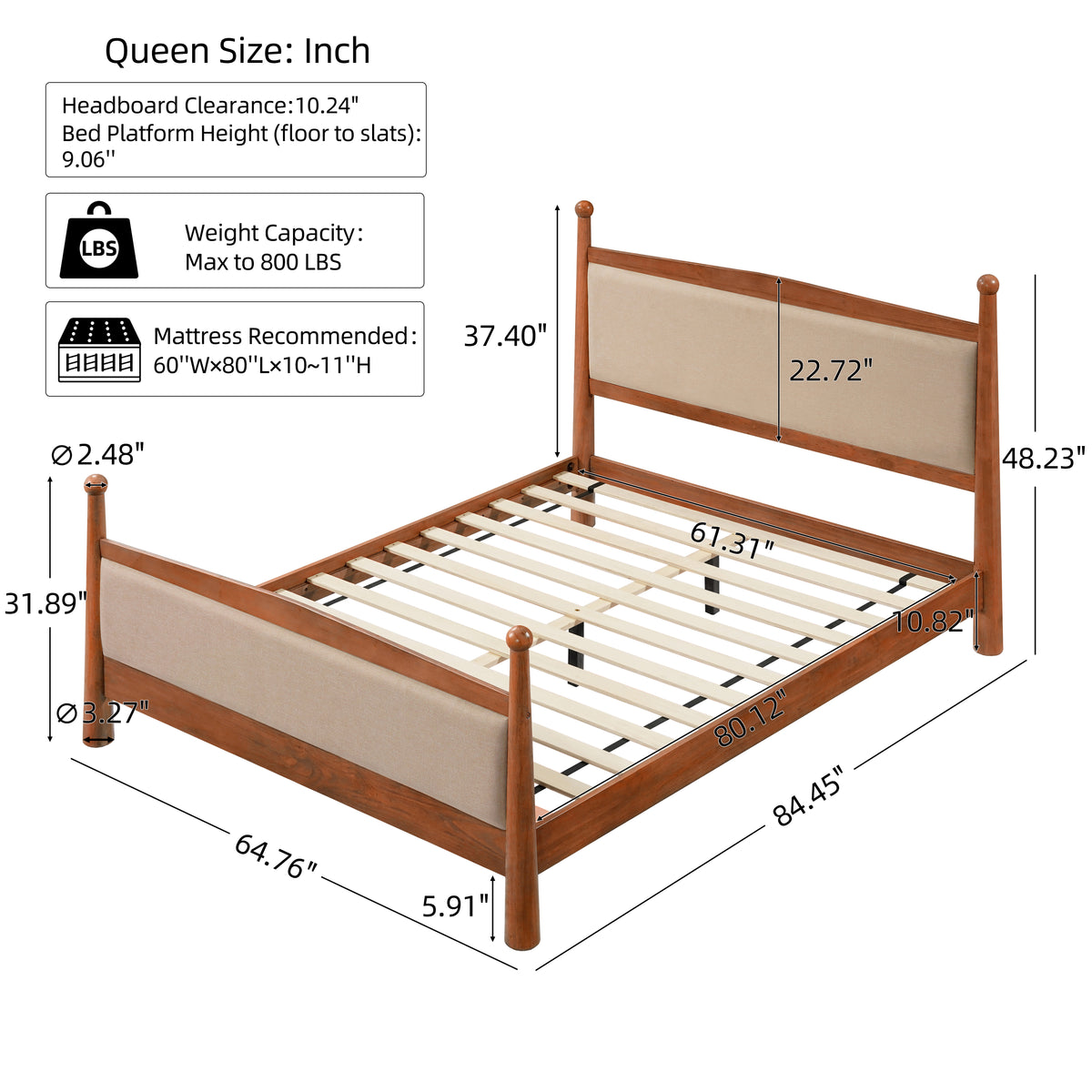 Queen Size Upholstered Platform Bed Frame with Wooden Slat Support