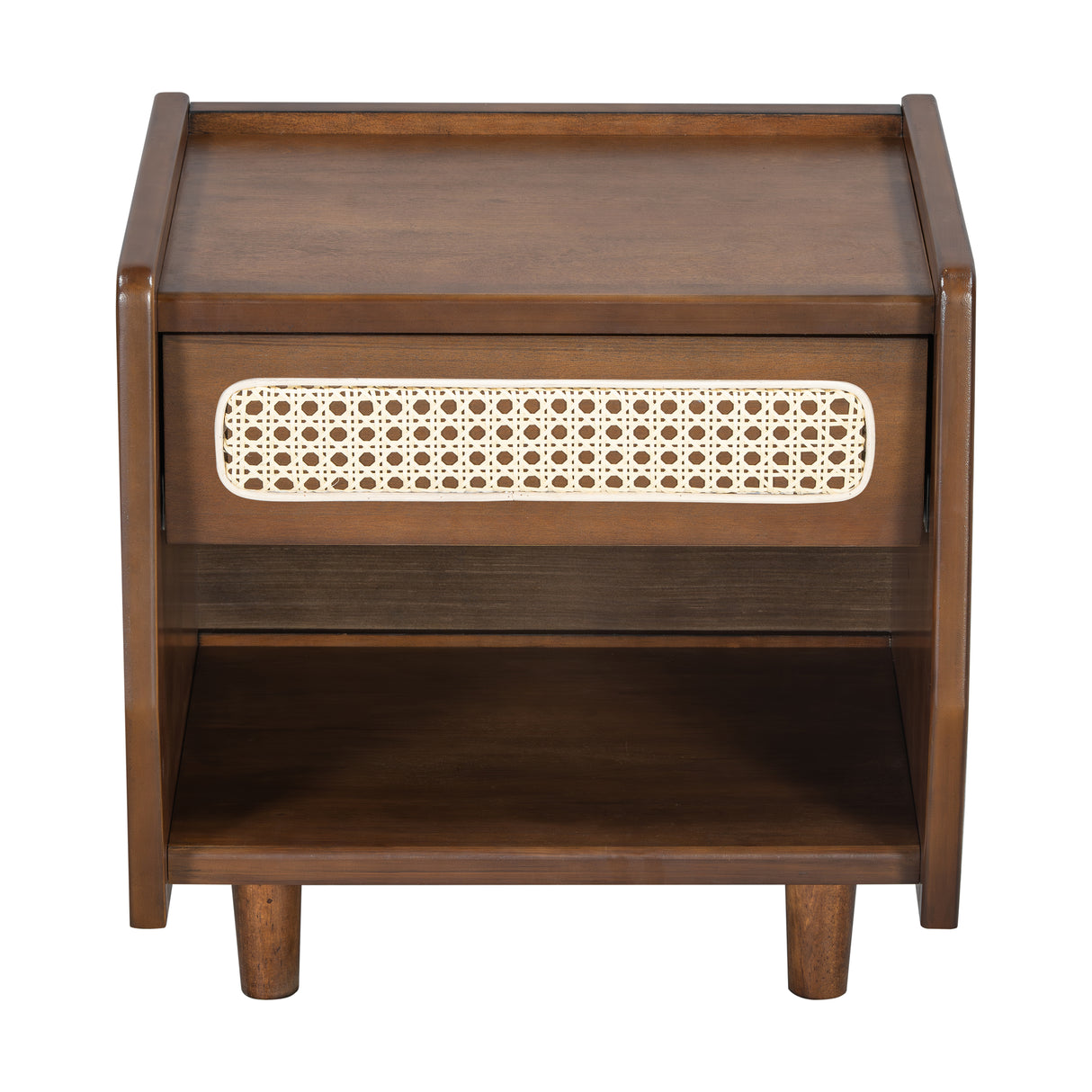 Walnut Nightstand with Rattan Detail, MDF + Solid Wood