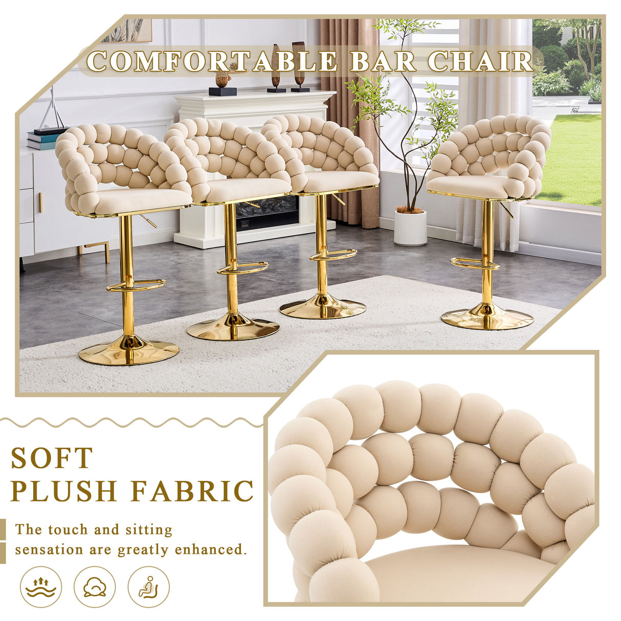 Puffy Bubble Chair, Ball Chain (Set of 2) - Beige / Gold