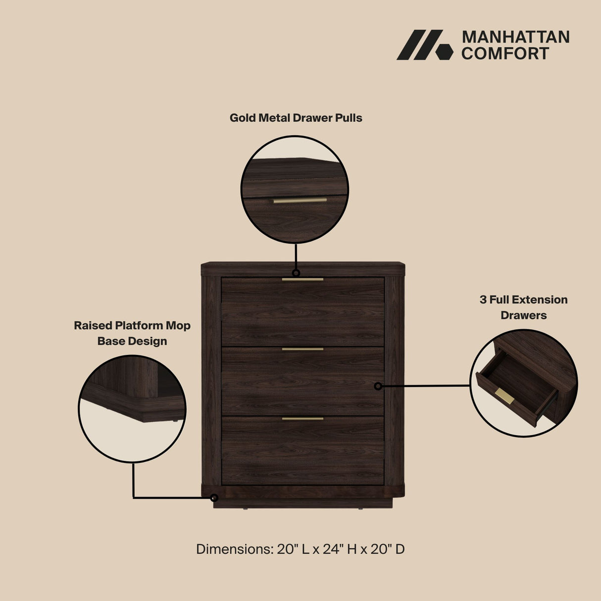 Evelyn - Nightstand With 3 Drawers, Smooth Rounded Edges