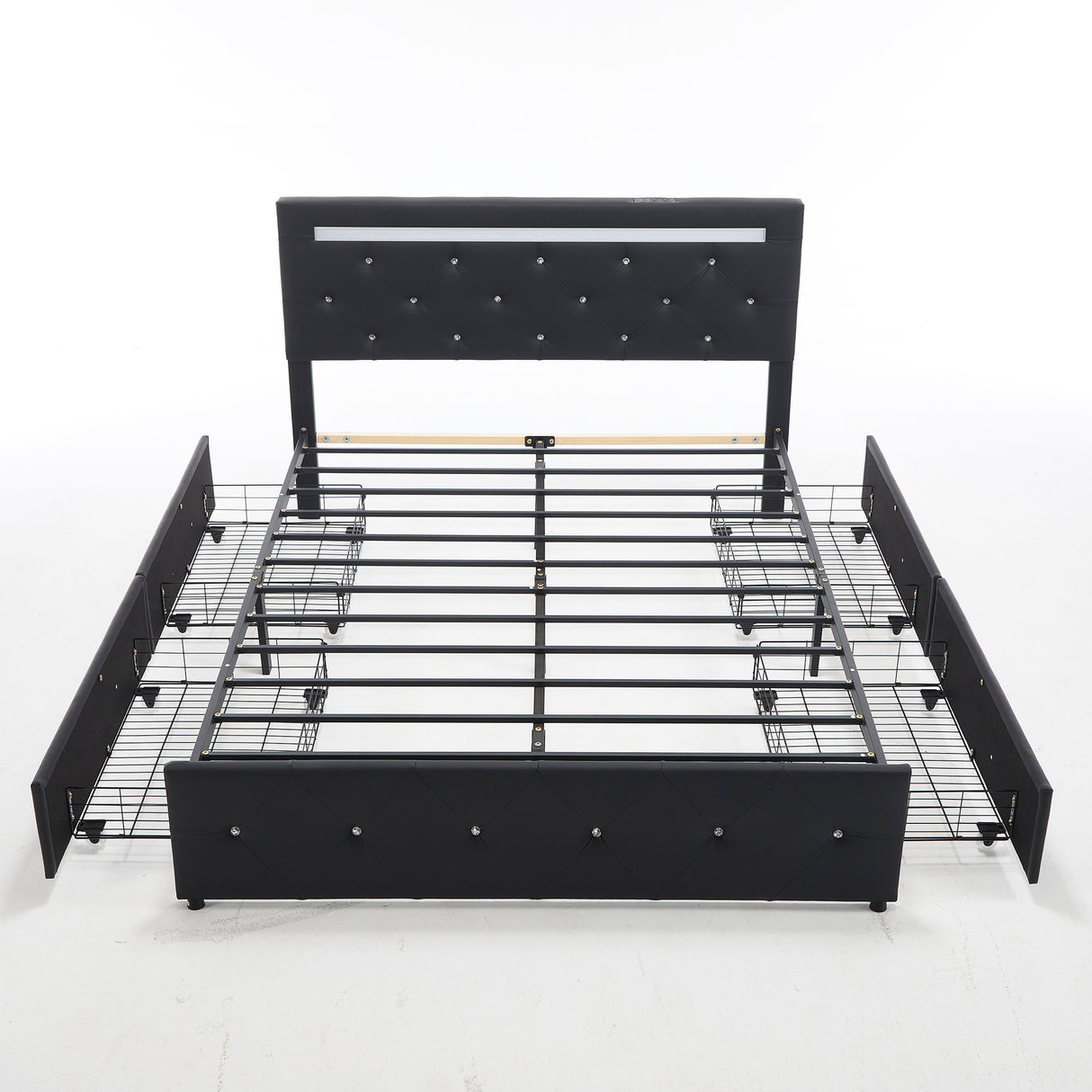 Upholstered Bed Frame With LED Lights, 4 Storage Drawers, Charging Station