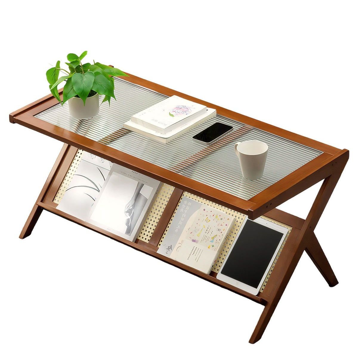 Rattan Coffee Tables For Living Room, Mid Century Modern Coffee Table With Glass Top, Large Boho Center Table With Storage - Brown