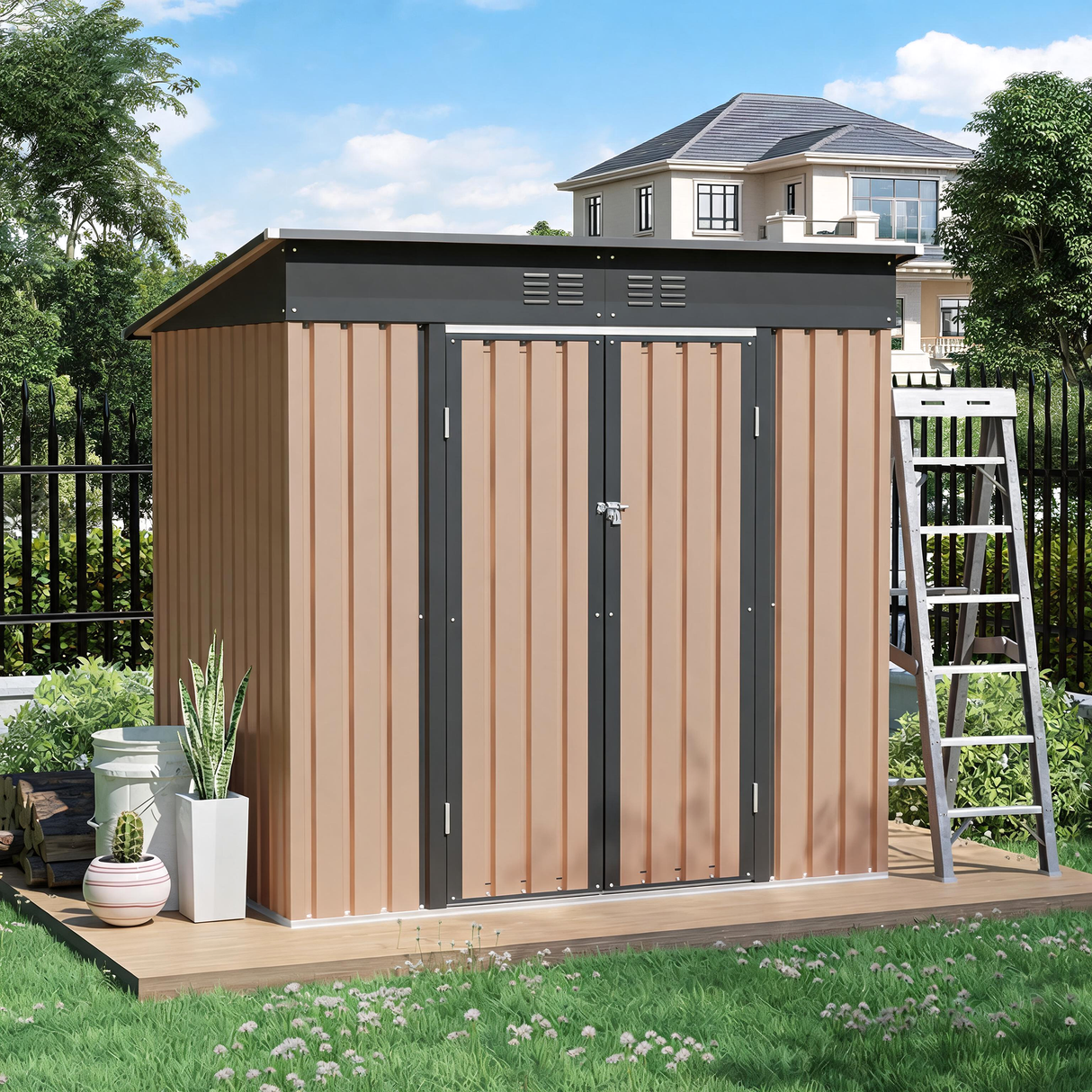 6x4 FT Metal Garden Shed With Hinge Door Pent Roof