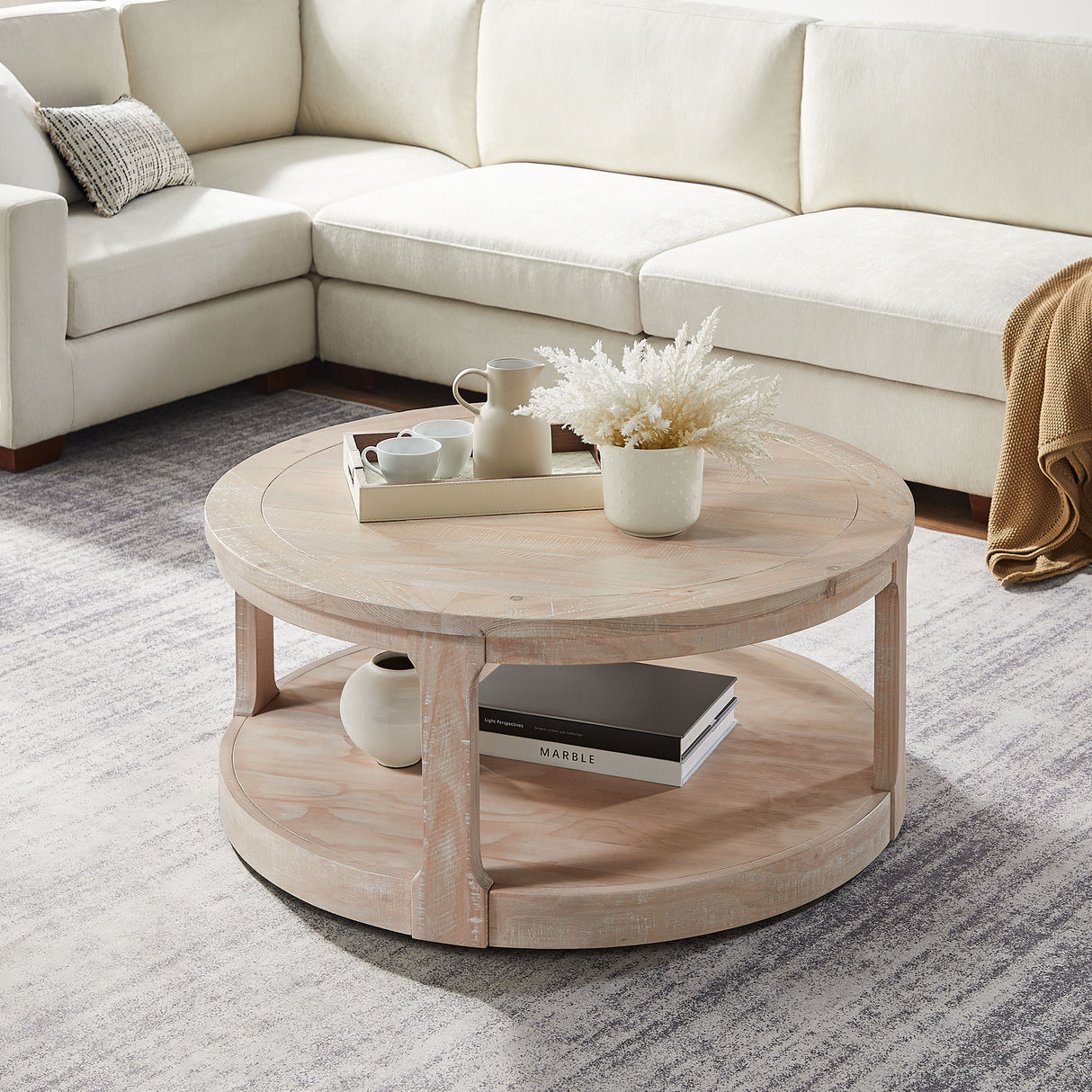 40inch Large Curved 2 Tier Traditional Round Circle Wooden Center Coffee Table