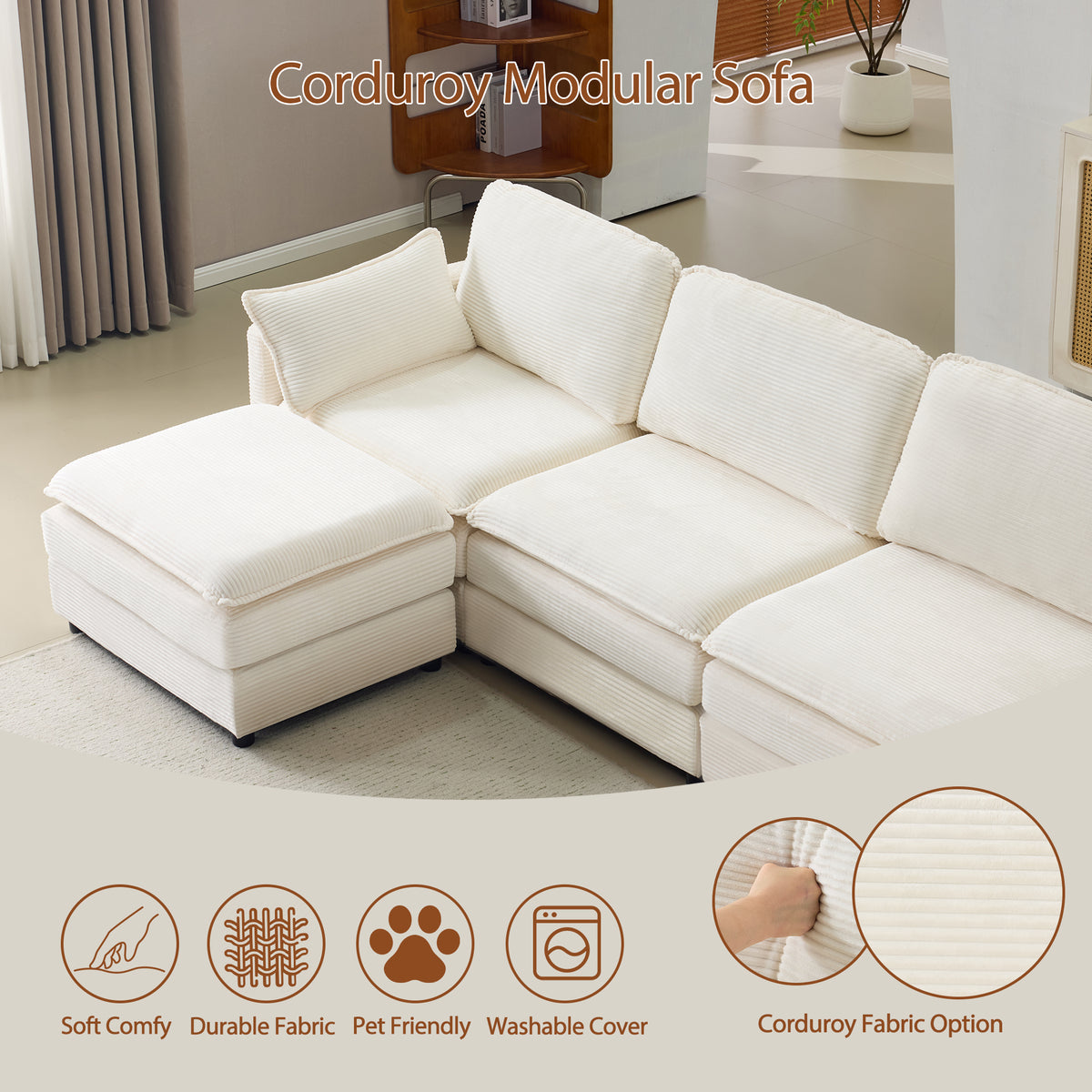 136" Plush Cloud 3-seater Sofa: Modular Design with Footstools