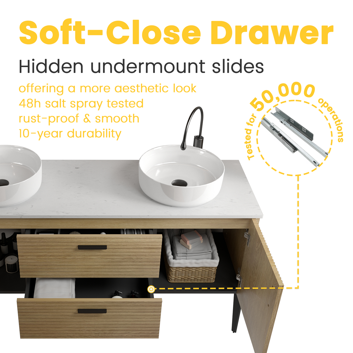 Emilia 60-Inch Bathroom Vanity, Natural Oak with Ceramic Sink