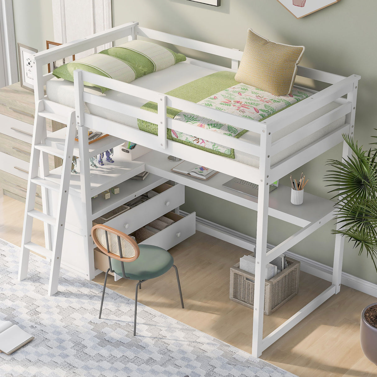 Modern Loft Bed With Built In Desk, Shelves, And 2 Drawers