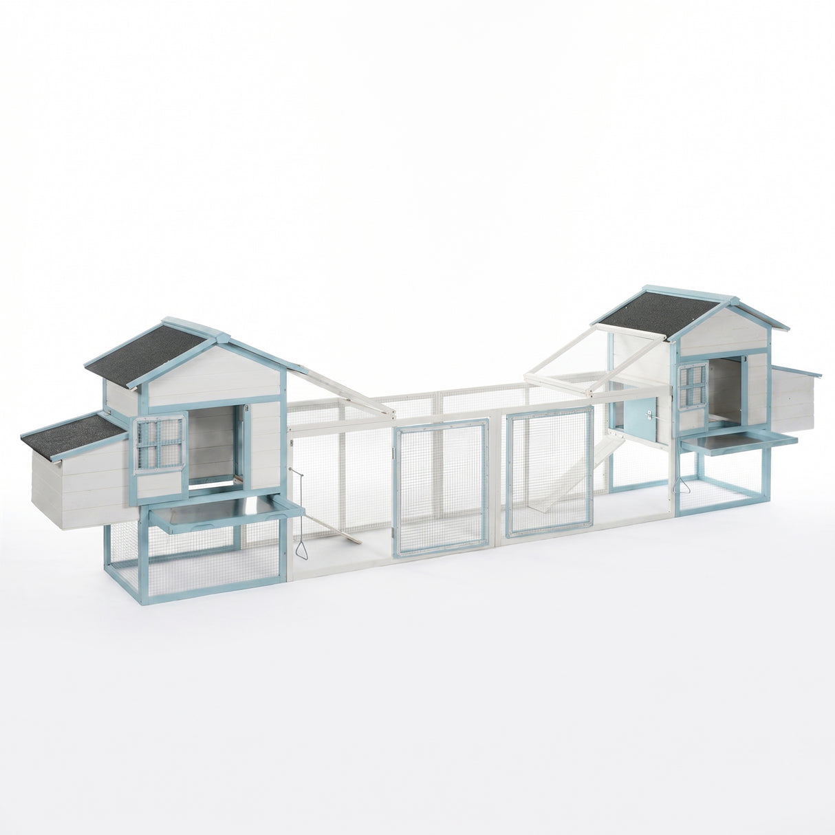 Large Wooden Chicken Coop with Double Nesting Boxes, Outdoor Walk-In Chicken Run with Waterproof Asphalt Roof, Fir Wood Poultry Cage with Pull-Out Dropping Trays