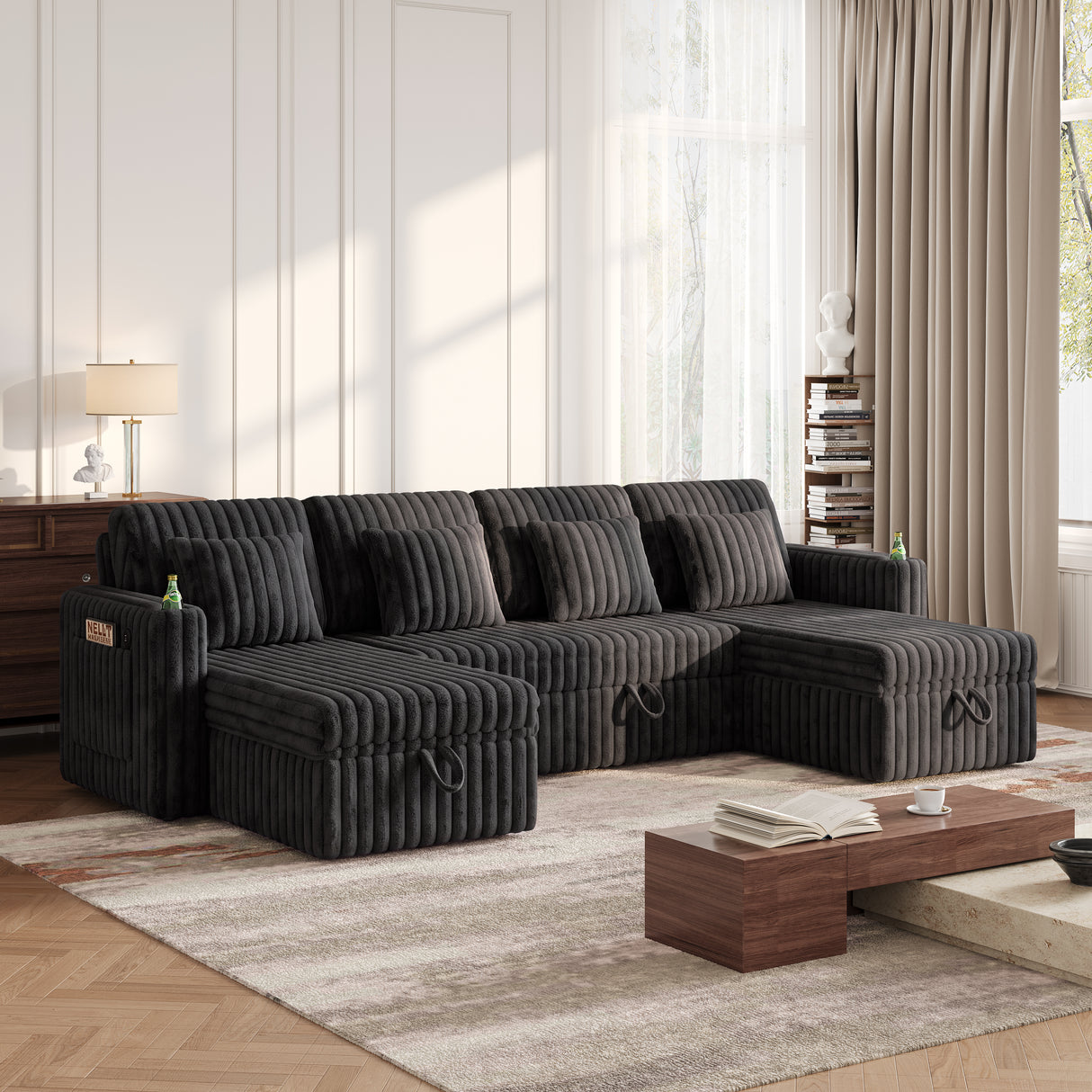 U Shaped Plush Corduroy Fluffy Sectional Sleeper Sofa