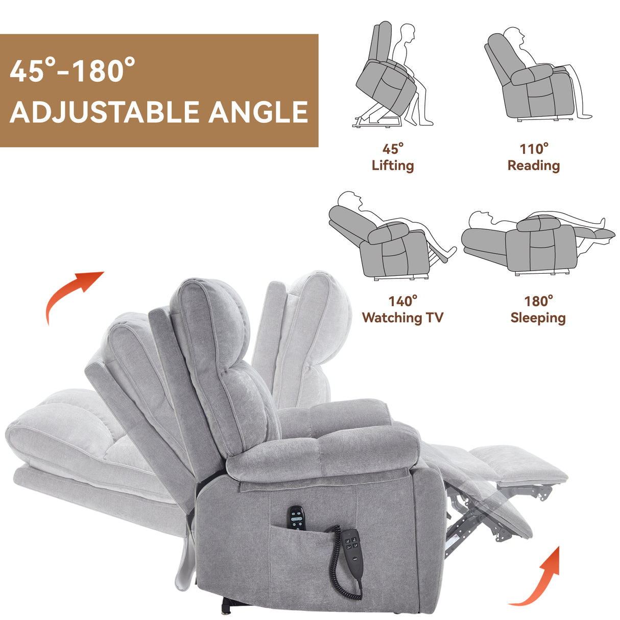 Grey Heat Massage Dual Motor Electric Power Lift Recliner