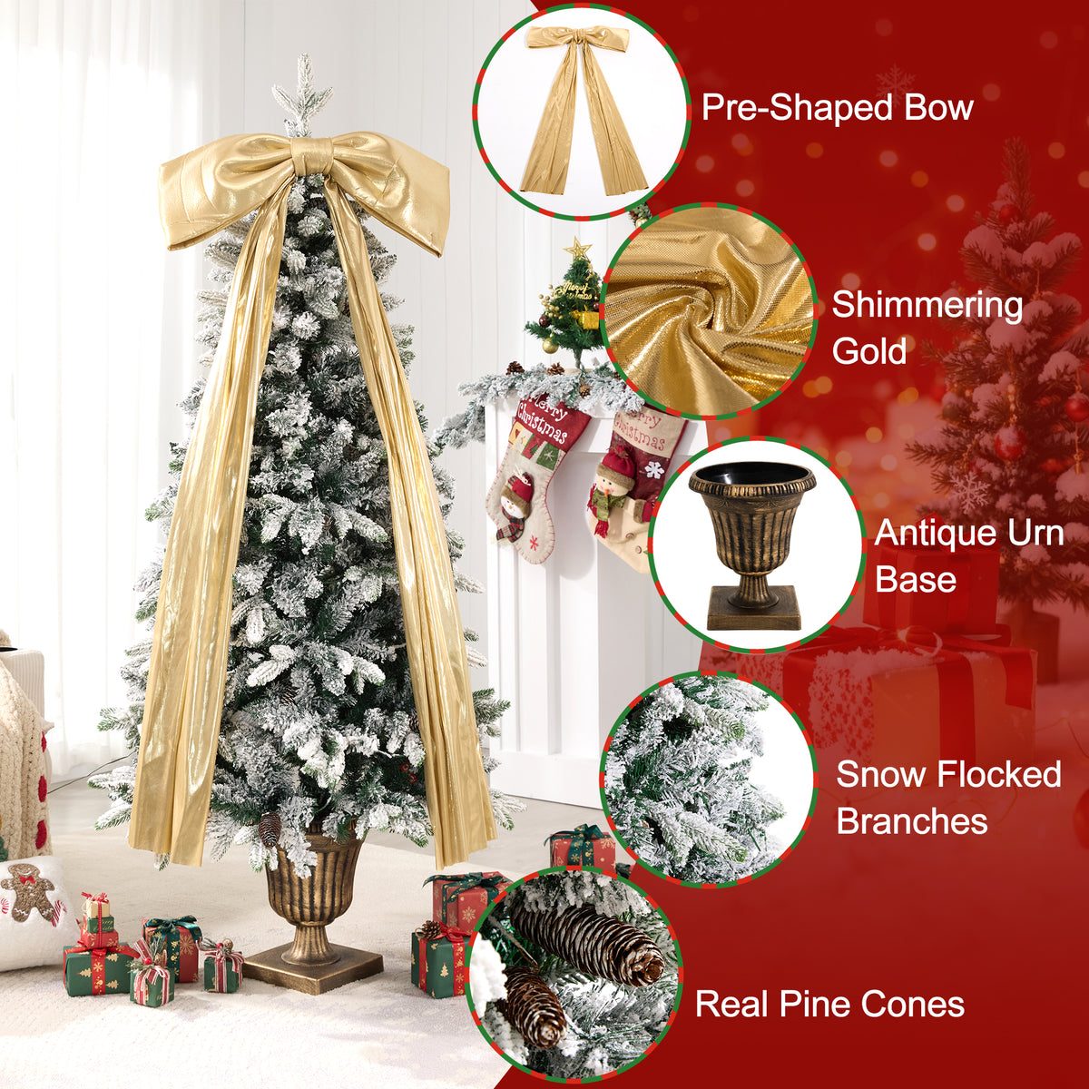 6FT Pre-Lit Flocked Christmas Tree with 42 Real Pine Cones