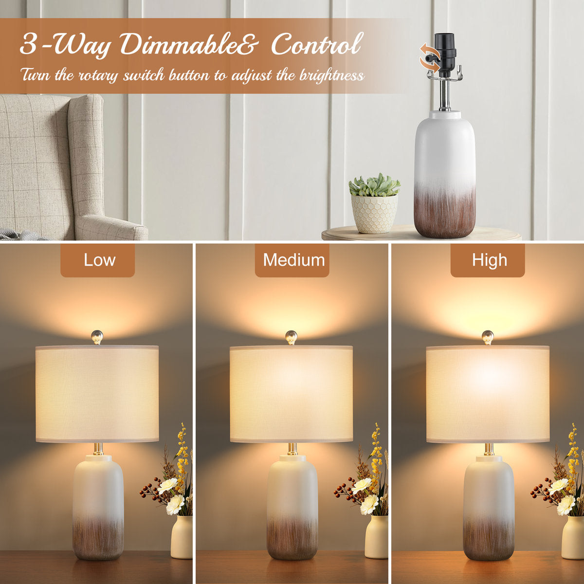 23" Modern Ceramic Table Lamp, Brown, Set of 2