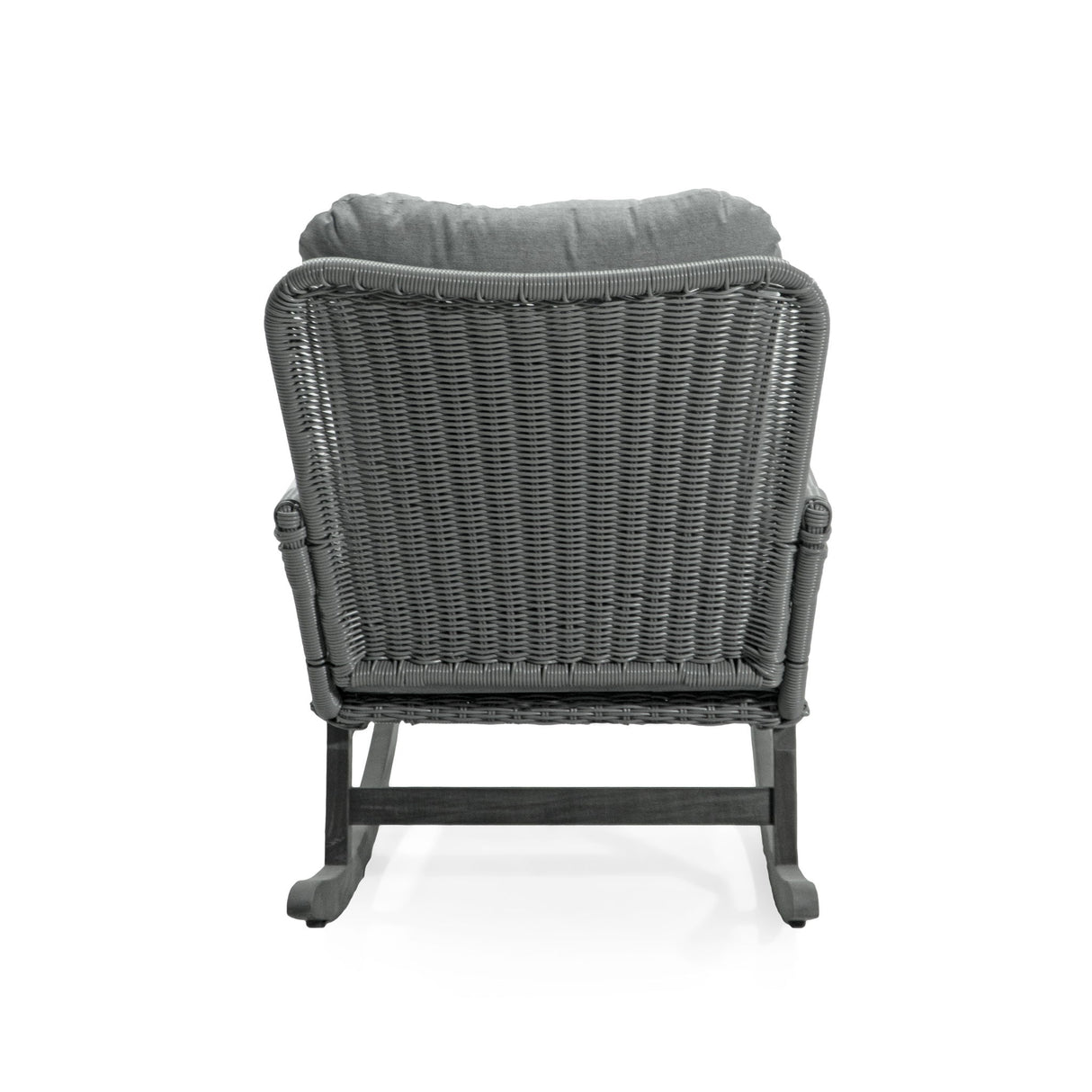 Modern 3 Piece Outdoor Seating Set With Cushioned Rattan Rocking Chairs And Wooden Accent Table