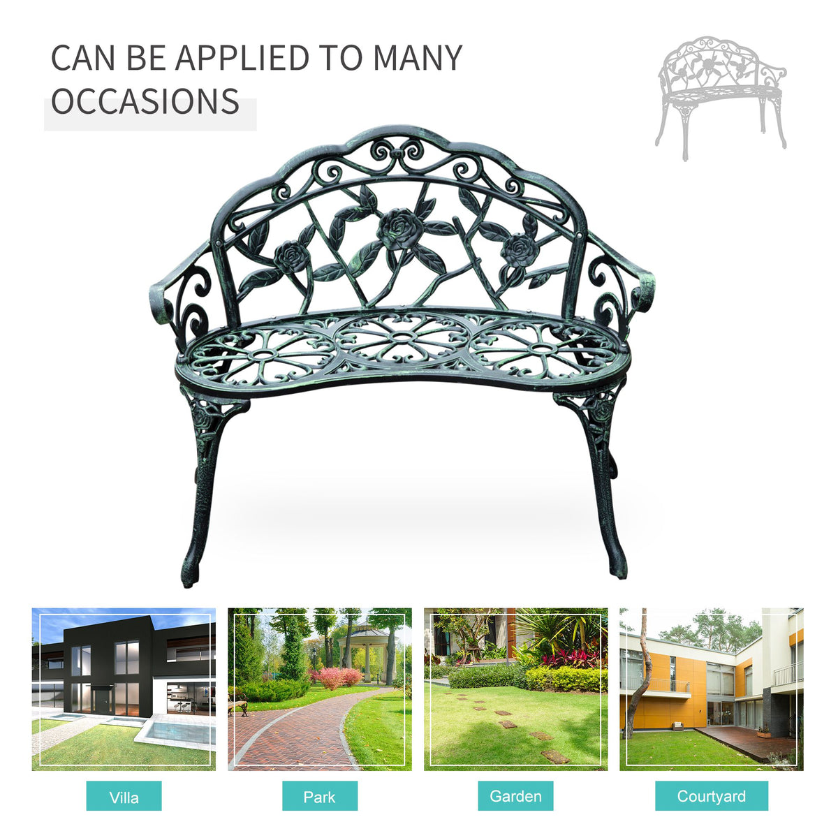 Outsunny Cast Aluminum Outdoor Bench, Green, Floral Rose Accent
