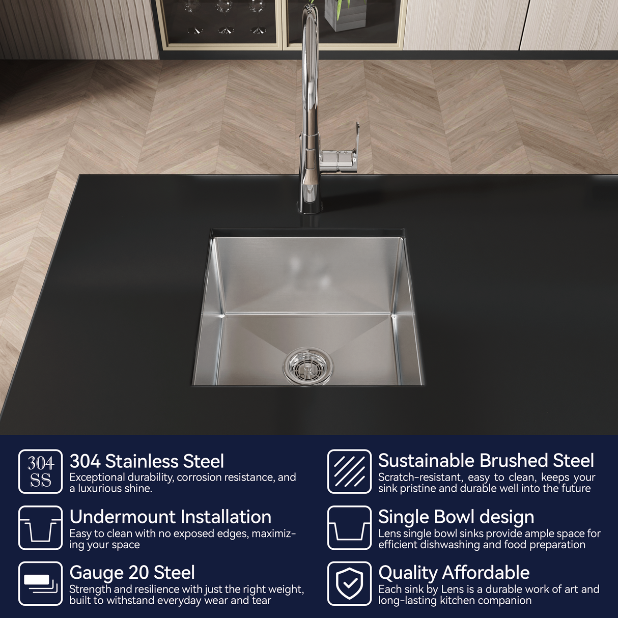 Stainless Steel Kitchen Sink, 18"x18" Single Bowl Undermount