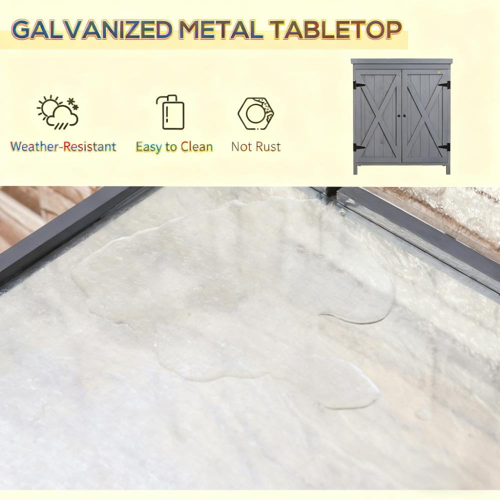 Tool Shed Outdoor Storage Cabinet with Galvanized Top and Two Shelves